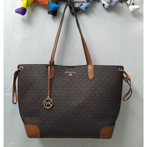 Michael Kors Edith Brown Leather MK Printed Logo Double Handles Tote Bag